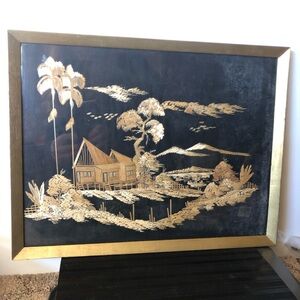Vintage Mid Century Modern Tropical Palm Landscape Wall Art on Black